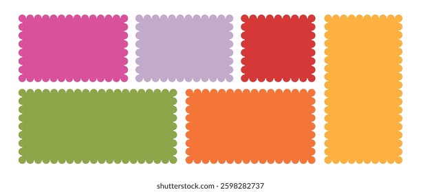 Set of frames in shape of squares and rectangles of various sizes with zigzag edges. Wavy edge frame or shape. Post stamp frames and borders.