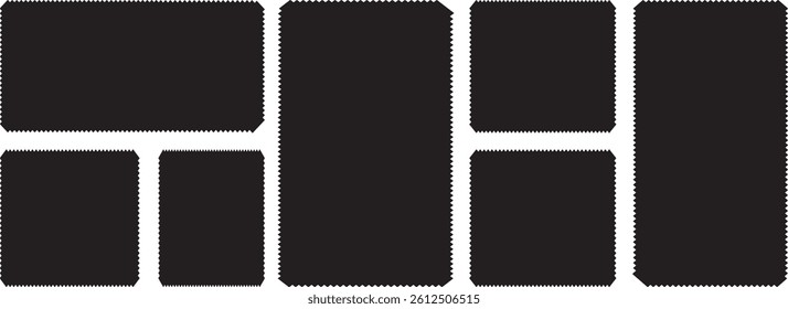 Set of frames in shape of squares and rectangles. Banners, sticker, writing text, notes, labels and badges, square postage stamp and Squares and rectangles of various sizes with zigzag smooth edges.