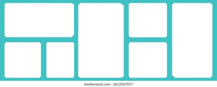 Set of frames in shape of squares and rectangles. Banners, sticker, writing text, notes, labels and badges, square postage stamp and Squares and rectangles of various sizes with zigzag smooth edges.