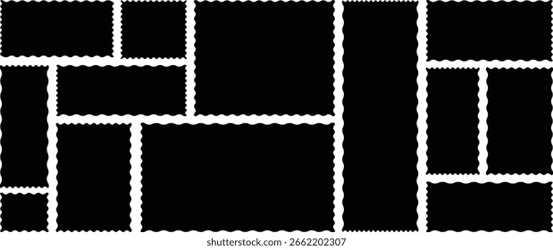 Set of frames in shape of squares and rectangles of various sizes with zigzag smooth edges. Vector illustration of black blank forms for writing text, notes, photos. Templates for design.