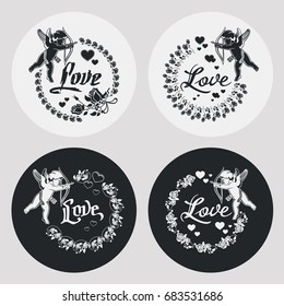 Set of frames with silhouettes of Cupid, roses and hearts. Design element for greeting card. Vector clip art.