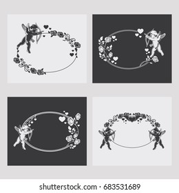Set of frames with silhouettes of Cupid, roses and hearts. Design element for greeting card. Vector clip art.