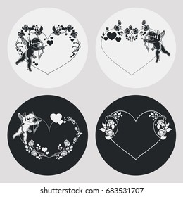 Set of frames with silhouettes of Cupid, roses and hearts. Design element for greeting card. Vector clip art.