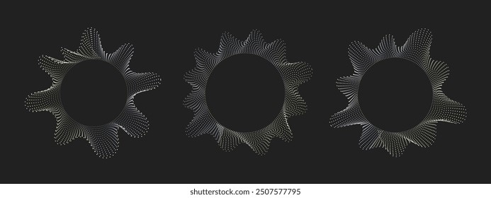 Set of frames with sound waves. Abstract fluid shapes, dotted liquid figures. Digital equalizer. Vector illustration