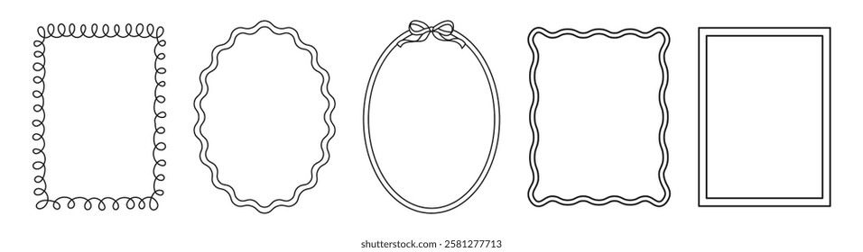 Set frames with space for text. Hand drawn black frames with thin wavy lines isolated on white background. Black frame with cute bow. Border different forms