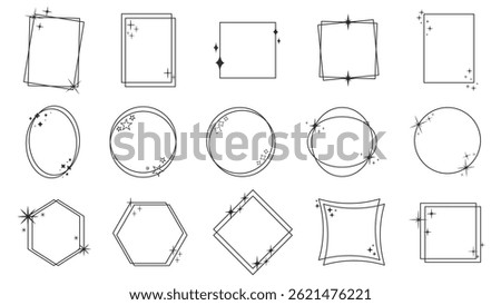Set frames with sparkles and stars. Round oval, square rectangular templates with effect of shine and glitter. Design blank for postcards, invitations, advertising. Vector elements
