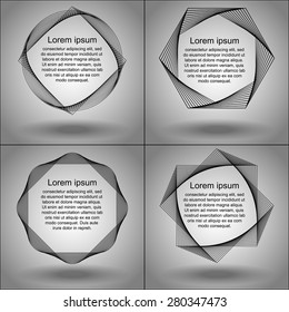 Set of frames of the spirograph figures. Abstract geometric forms and curves. Template text "Lorem Ipsum" for sample. Gradient background and realistic shadows. Vector illustration. Gray color.