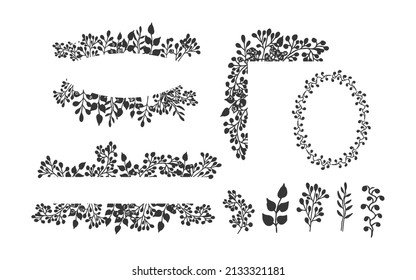 Set frames Split border, floral monogram frame floral elements in doodle style isolated on white background. Elegant design decoration, element. 