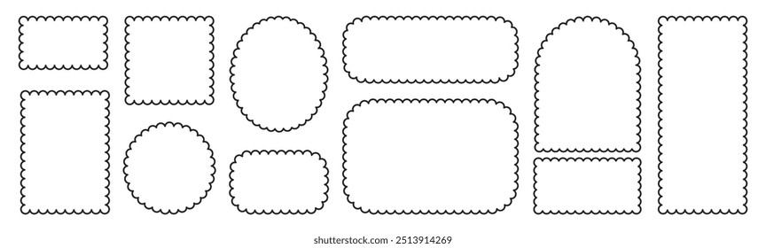 Conjunto de quadros com bordas onduladas. Carimbos com formas retangulares e circulares. Ilustração do vetor de contorno.