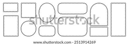 Set of frames with squiggly of wavy edges. Stamps with rectangle and circle shapes. Outline vector illustration.