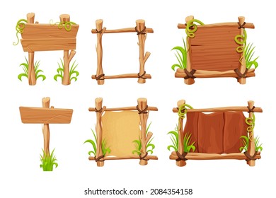 Set Frames from sticks, wooden planks decorated with grass and liana, parchment in comic cartoon style isolated on white background. Border, jungle panel textured and detailed. Game asset, menu