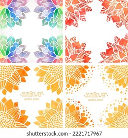Rahmen, Vorlagen, Hintergründe mit floralem Muster, gestrichelte rote Bilder, Regenbogenblumen und Sonnenblumen mit Aquarellstruktur