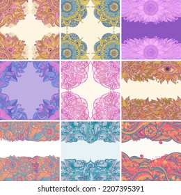 Rahmen oder Vorlagen mit orientalischen Blumenmustern, Mandalas, in Blau, Rot, Rosa