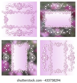 A set of frames for text or photo with stylized white flowers and curls on a blurred floral background and background of gently pink gradient.  Vintage floral pattern. Summer pattern.