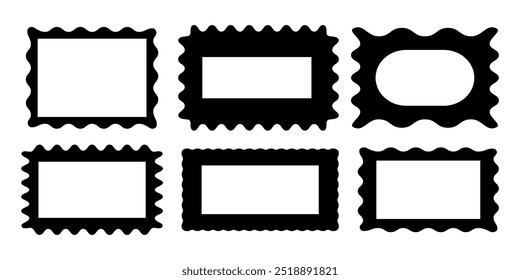 Set of frames for textbox. Speech bubbles. Rectangles and squares. Geometric shapes. Starburst. Sticker, tag. Abstract icon. Collection with figures with waves and zigzags. Retro torn edges. Border. 