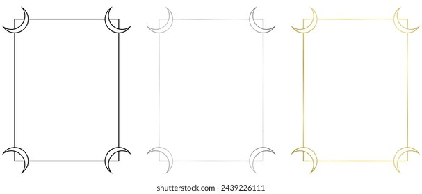 Set of frames. Vector frame isolated on white. Black, golden, silver, metal frame with moons for certificate, pictures, diploma, photo. Element for design
