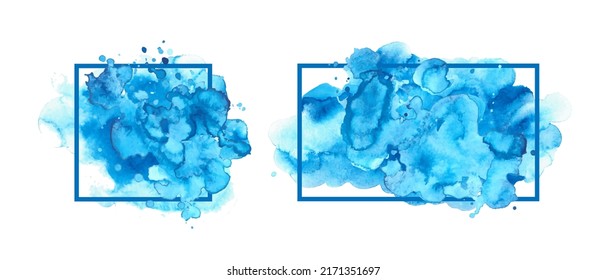 Set von Rahmen mit Aquarellhintergrund. Blaue Plätze, handgemalte Texturen. Platz für Text.