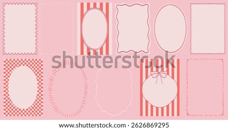 Set of frames with wavy line edges, doodle borders with striped background and curved shapes. Template for invitations, posters, banner, social media decoration. Stamp frame.