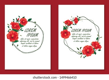Set of frames for a wedding invitation. Wreaths of hibiscus flowers, buds, small plants, twigs, foliage. White background.