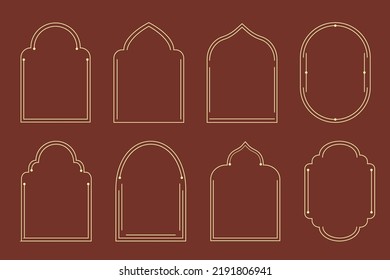 Set of frames, windows, arches in oriental Muslim style. Trendy minimalistic vector borders for poster design, restaurant menu, logo, invitation card, social media story.