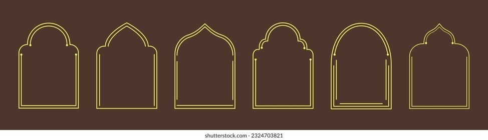 Set of frames, windows, arches in oriental Muslim style. Trendy minimalistic vector borders for poster design, restaurant menu, logo, invitation card, social media story.