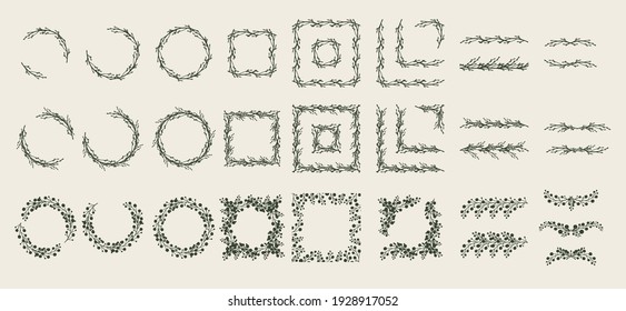 A set of frames, wreaths and borders made up of twigs drawn in vector.