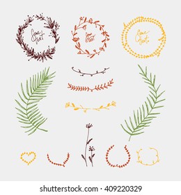 Set of frames and wreaths, tree motifs. It can be used for decoration of your inscription, title. Rustic Style, vector illustration.