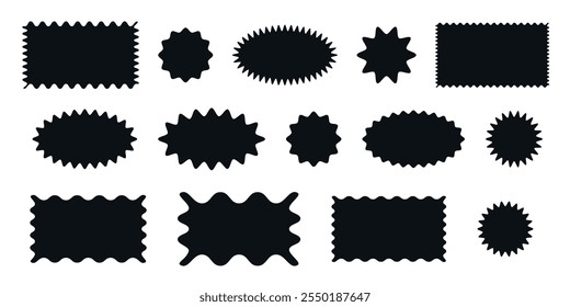 Set of frames with zigzag edge, scallop shapes. Black silhouette Label set. Empty, wavy, geometric, abstract. Retro groovy elements. Rectangular curved box vector design for template.