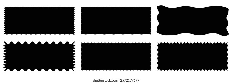 Set of frames with zigzag edge, scallop edge shape. Set of jagged ellipses elements. Rectangle shape frame with zigzag edge. Rectangular jagged curved box element. Geometric zig zag wavy stickers.