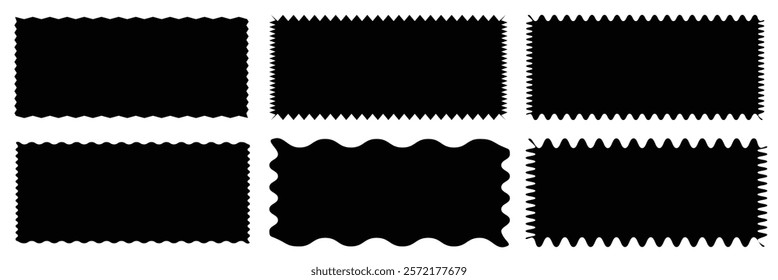Set of frames with zigzag edge, scallop edge shape. Set of jagged ellipses elements. Rectangle shape frame with zigzag edge. Rectangular jagged curved box element. Geometric zig zag wavy stickers.