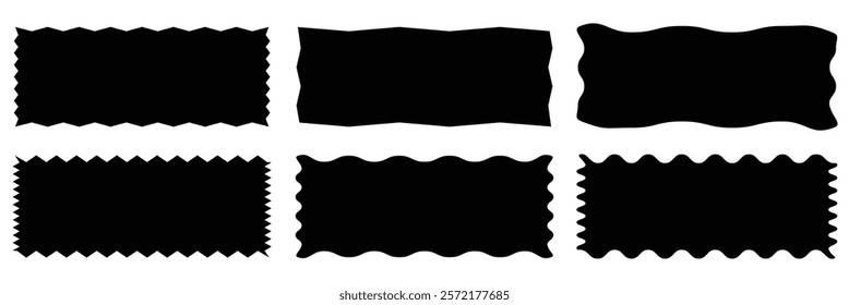 Set of frames with zigzag edge, scallop edge shape. Set of jagged ellipses elements. Rectangle shape frame with zigzag edge. Rectangular jagged curved box element. Geometric zig zag wavy stickers.
