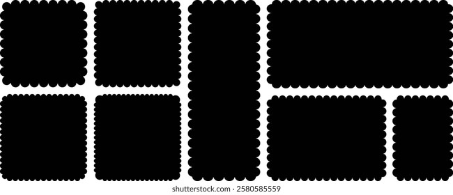 Set of frames with zigzag edge, scallop edge shape. Rectangle shape frame with zigzag edge. Black wavy frames. Rectangular and square scalloped frames. Elements for design of text box, badge, banner