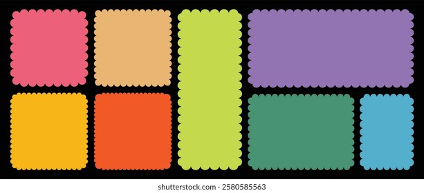 Set of frames with zigzag edge, scallop edge shape. Rectangle shape frame with zigzag edge. Rectangular and square scalloped frames. Colorful wavy frame. Elements for design of text box, badge, banner