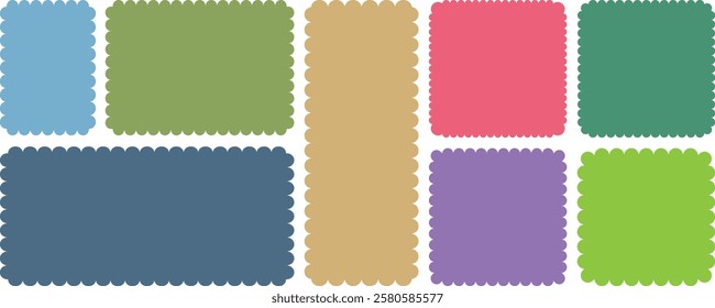 Set of frames with zigzag edge, scallop edge shape. Rectangle shape frame with zigzag edge. Rectangular and square scalloped frames. Elements for design of text box, badge, banner. Colorful wavy frame