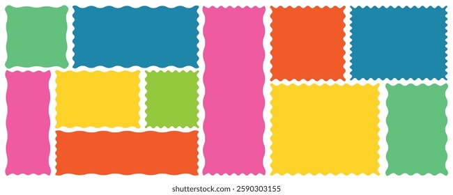 Set of frames with zigzag edge scallop shape. Geometric shapes stickers with rectangle frames . Rectangular, circle, oval and square scalloped frames. Isolated elements for design of text box, badge,