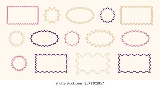 Set of frames with zigzag edge, scallop shapes. Colorful, empty, wavy, geometric, abstract. Retro groovy elements. Rectangular curved frame vector design for template.