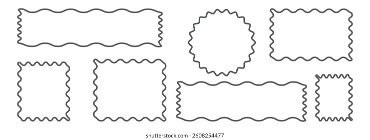 Set of frames with zigzag edge, scallop edge Vector shape. Geometric zig zag wavy stickers. oval and square scalloped frames. Isolated elements for design of text box, badge, banner.
