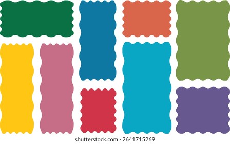 Set of frames with zigzag edge scallop shape. Geometric shapes stickers with rectangle frames . Rectangular, circle, oval and square scalloped frames. Isolated elements for design of text box, badge, 