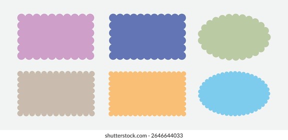 Set of frames with zigzag edge, scallop edge shape. Rectangular, oval scalloped frames. Isolated elements for design of text box, badge, banner.
