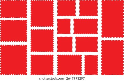 Ensemble d'images avec bord en zigzag, forme de bord en échancrure. Cadre rectangulaire avec bord en zigzag. Cadres rectangulaires et carrés échancrés. Éléments pour la conception de la zone de texte, badge, bannière. Coloré	
