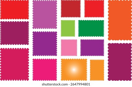 Ensemble d'images avec bord en zigzag, forme de bord en échancrure. Cadre rectangulaire avec bord en zigzag. Cadres rectangulaires et carrés échancrés. Éléments pour la conception de la zone de texte, badge, bannière. Coloré	
