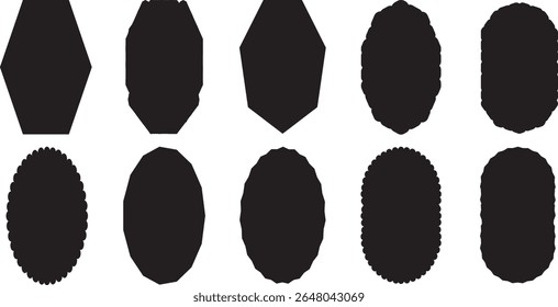 Set of frames with zigzag edge, scallop edge shapes. Geometric shapes stickers with zigzag wavy edge. Black silhouette scalloped frames. Zig zag edge square and circle shapes. Round Black	
