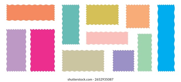Conjunto de quadros com borda em ziguezague, forma de borda em vieira. Quadros retangulares coloridos com bordas onduladas. Quadro de forma de retângulo com borda em ziguezague. Papel rasgado, elemento de caixa de forma retangular irregular definido com ziguezague
