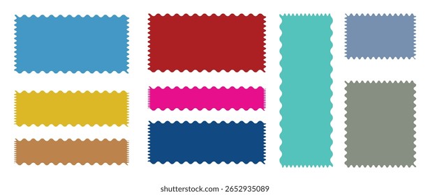 Set of frames with zigzag edge, scallop edge shape. Color rectangle frames with wiggly borders. Rectangle shape frame with zigzag edge. Torn paper, jagged rectangular shape box element set with zigzag