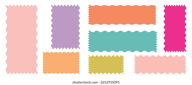 Set of frames with zigzag edge, scallop edge shape. Color rectangle frames with wiggly borders. Rectangle shape frame with zigzag edge. Torn paper, jagged rectangular shape box element set with zigzag