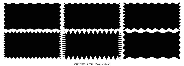 Set of frames with zigzag edge, scallop edge shape. Set of jagged ellipses elements. Rectangle shape frame with zigzag edge. Rectangular jagged curved box element. Geometric zig zag wavy stickers.