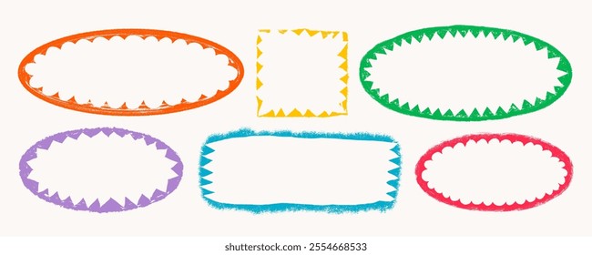 Set of frames with zigzag and scallop torn edges. Grunge style star circle frames with ripped border. Vector illustration of rough ripped oval and rectangle shapes isolated on light background. Ideal