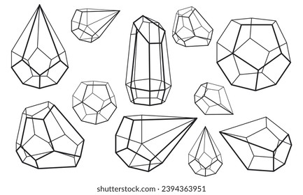 Satz geometrischer Formen. Pyramiden, Würfel an Mineralien. Vektorgrafik. Schwarze geometrische Umrisse, transparente Formen von Gesichtern und schwarze Formen von Rahmen. Formen verschiedener Größen in Florarien