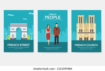 Set of France country ornament travel tour concept. Monument traditional, magazine, book, poster, abstract, element. Vector decorative ethnic greeting card or invitation design 