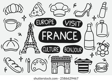 set of france doodle good for background, wallpaper, element design, icon, etc